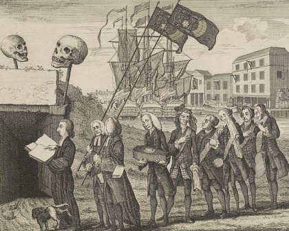 An 18th century cartoon shows a funeral for the Stamp Act.